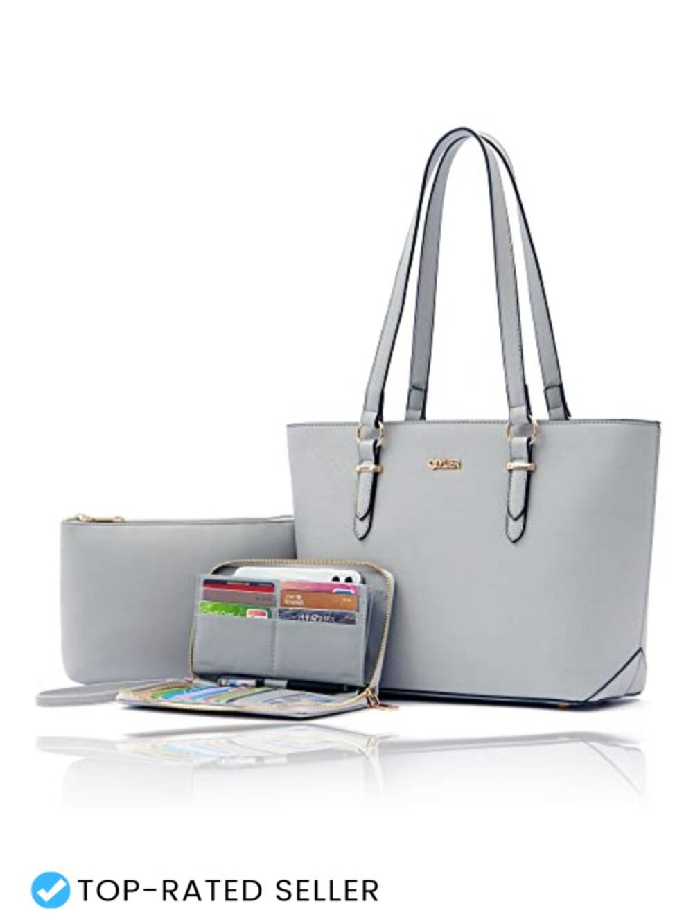 Faux Leather Tote Handbag Set with RFID Wallet Wristlet Cosmetic Bag